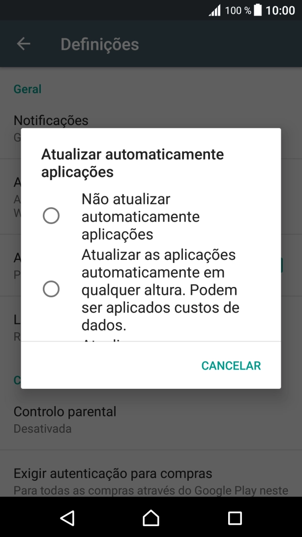 Para desativar a atualização automática de apps, prima Não atualizar automaticamente aplicações.