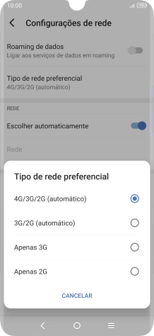 Prima o tipo de rede pretendido.