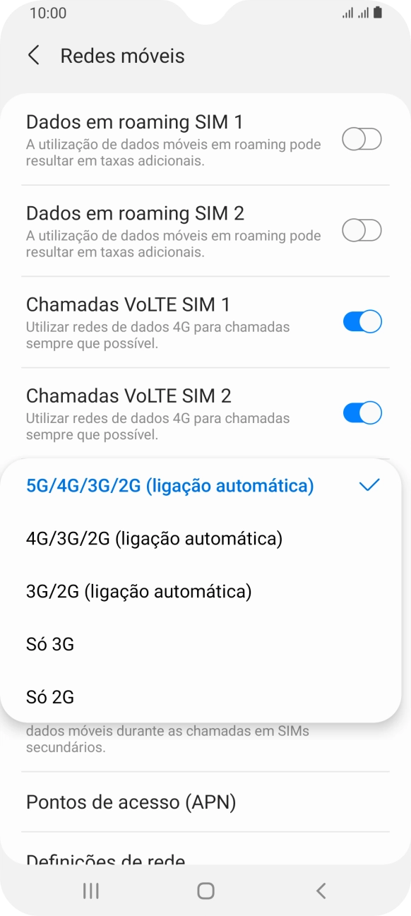 Prima o tipo de rede pretendido.