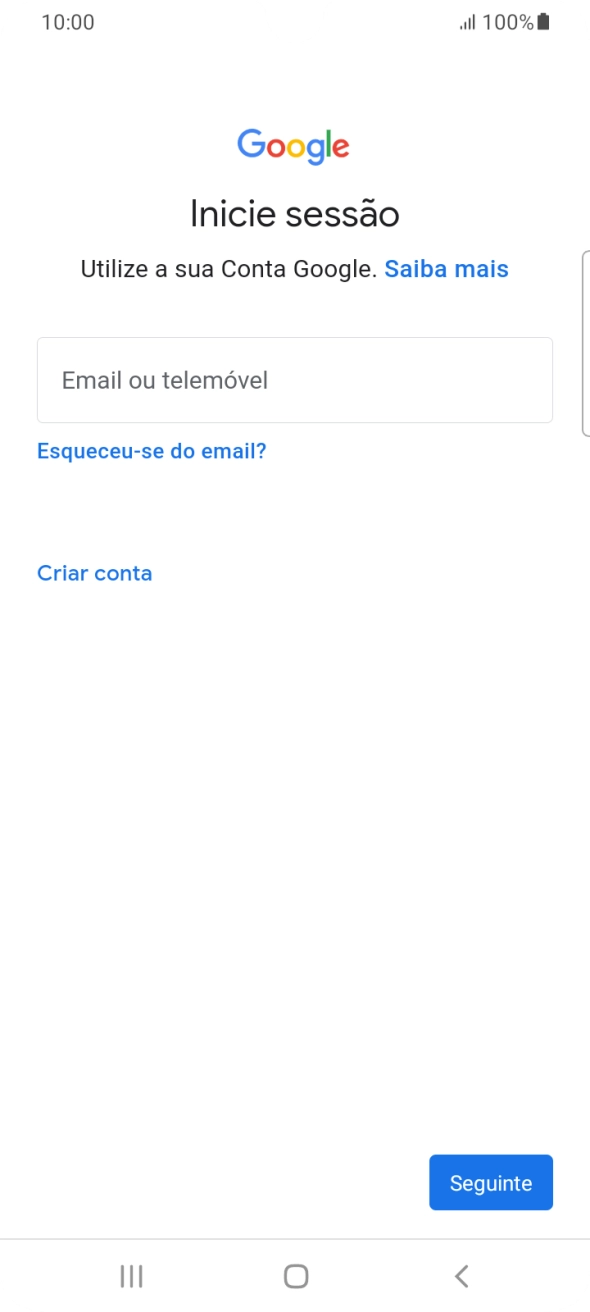 Se não tiver uma conta Google, prima Criar conta e siga as indicações no ecrã para criar uma conta.