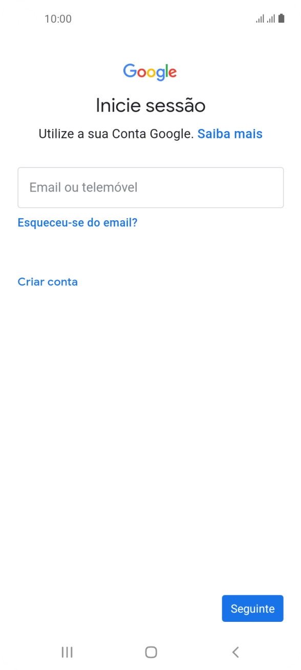 Se não tiver uma conta Google, prima Criar conta e siga as indicações no ecrã para criar uma conta.