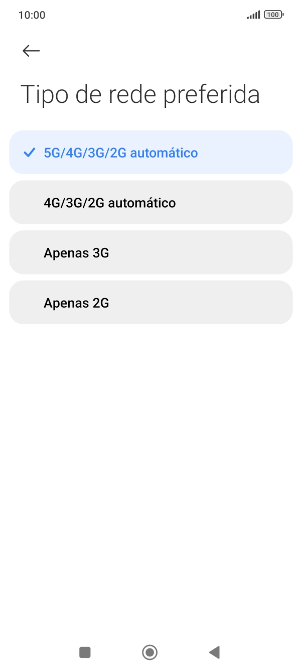 Prima o tipo de rede pretendido.