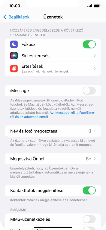 Kattints az „iMessage” melletti csúszkára a funkció bekapcsolásához.