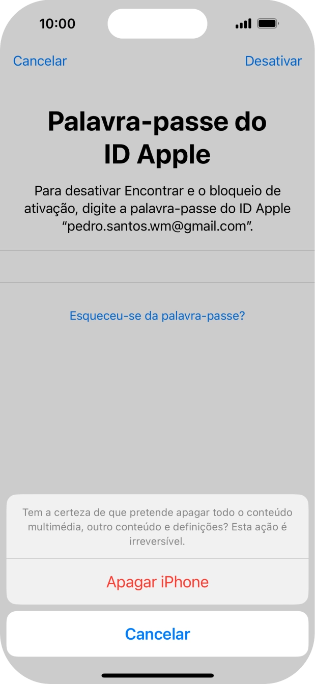 Introduza a password do ID Apple e prima Apagar iPhone. Aguarde um momento enquanto o telefone restabelece as definições originais. Siga as indicações no ecrã para configurar o telefone de modo que este fique pronto a ser utilizado.
