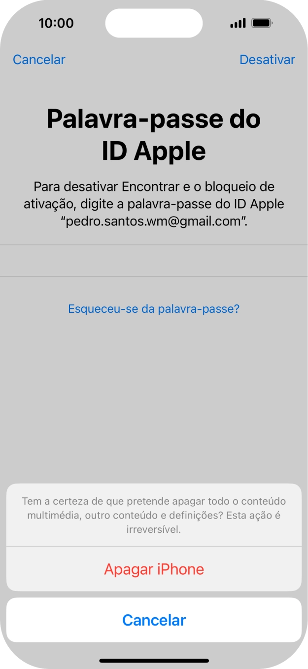 Introduza a password do ID Apple e prima Apagar iPhone. Aguarde um momento enquanto o telefone restabelece as definições originais. Siga as indicações no ecrã para configurar o telefone de modo que este fique pronto a ser utilizado.
