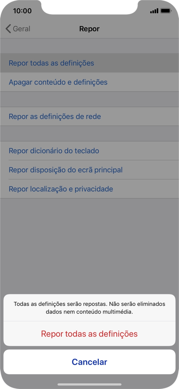 Prima Repor todas as definições.