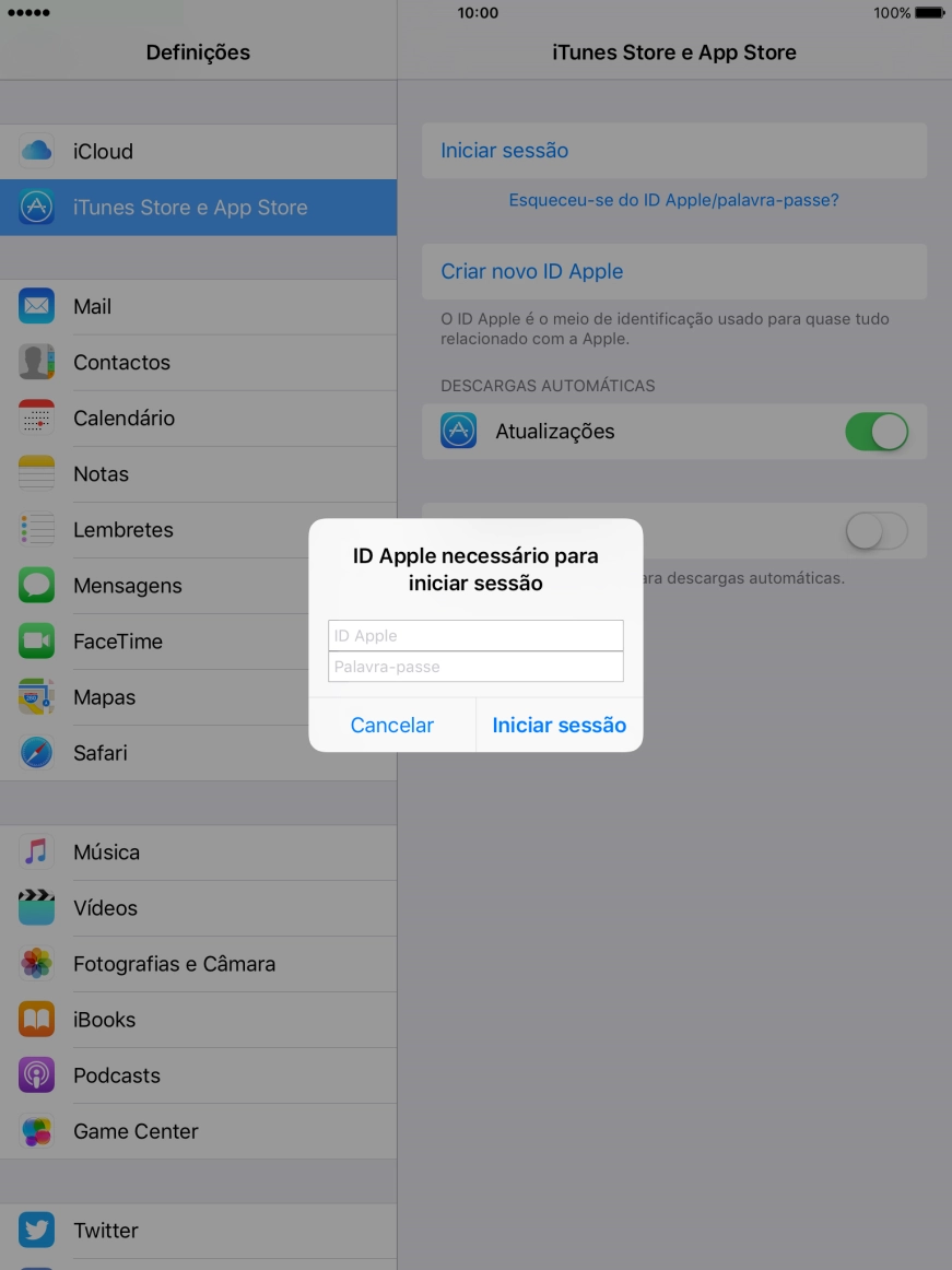 Prima ID Apple e introduza o nome de utilizador do seu ID Apple.
