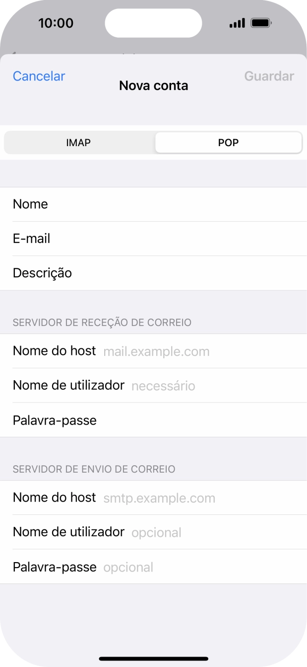 Prima Nome do host e introduza o nome do servidor de receção do fornecedor de e-mail.