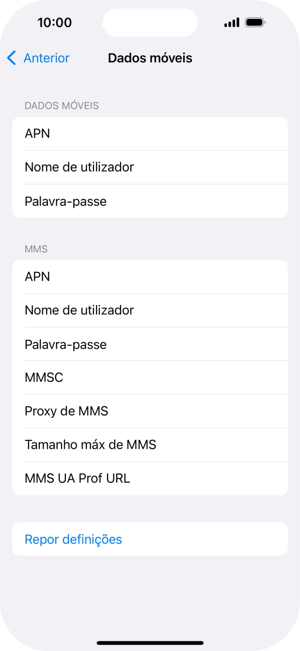Prima APN e insira net2.vodafone.pt.