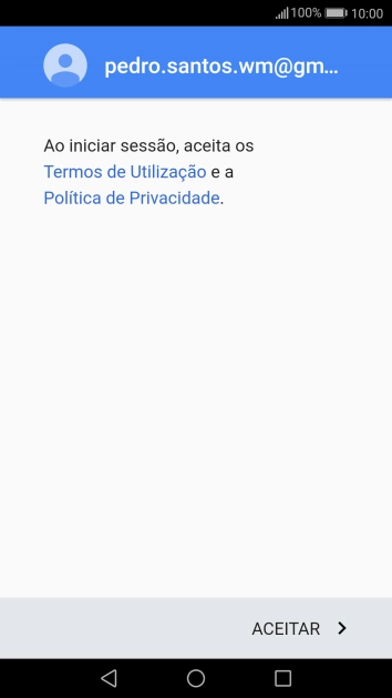 Prima ACEITAR e siga as indicações no ecrã para escolher as definições da conta Google.