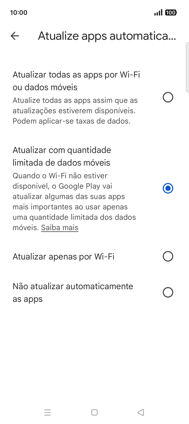 Para ativar a atualização automática de apps via redes móveis, prima Atualizar todas as apps por Wi-fi ou dados móveis.