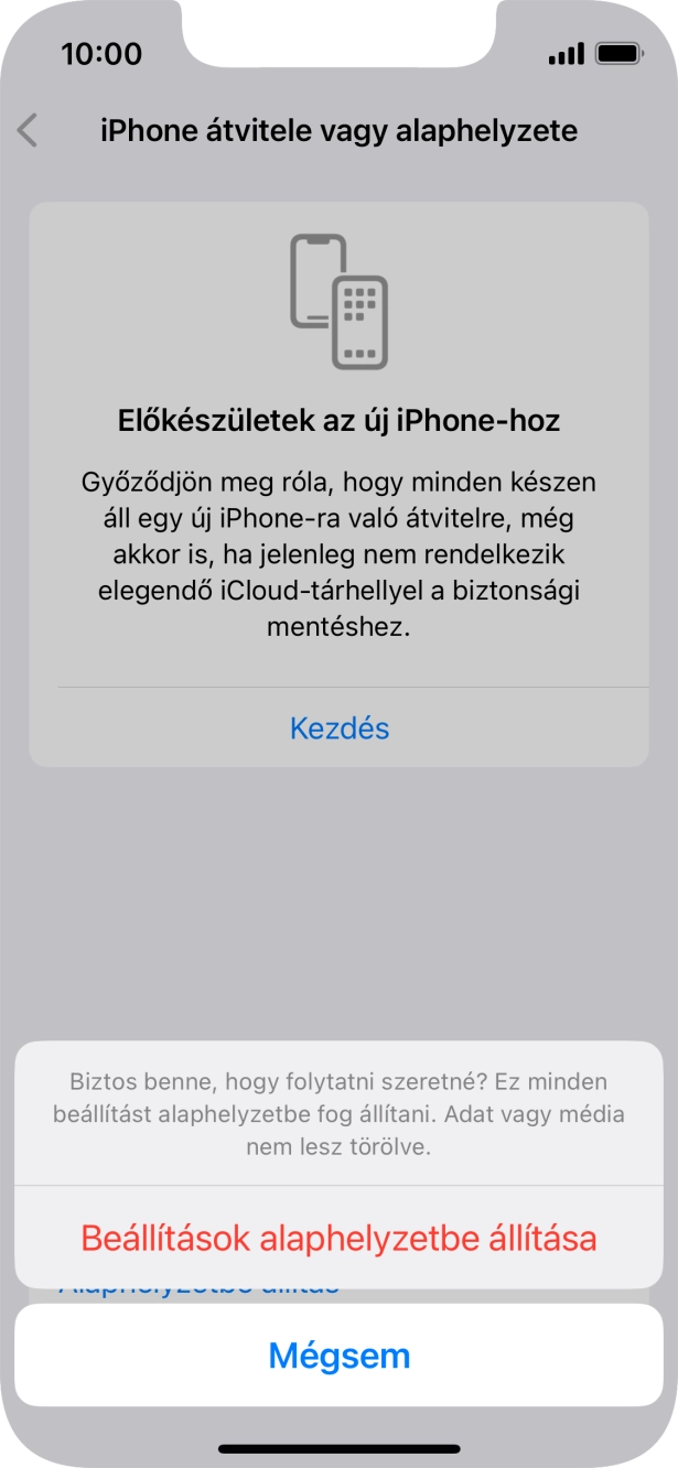 Válaszd a Beállítások alaphelyzetbe állítása lehetőséget. Várj egy kicsit, amíg a telefon visszaállítja a gyári beállításokat. A telefon konfigurálásához és ahhoz, hogy üzemkész állapotba hozd, kövesd a képernyőn megjelenő utasításokat.
