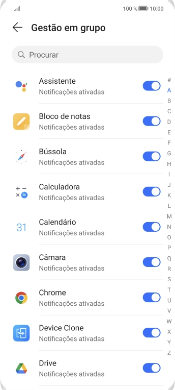 Prima o indicador junto às apps pretendidas para ativar ou desativar a função.