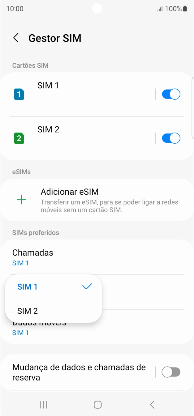 Prima o cartão SIM pretendido.