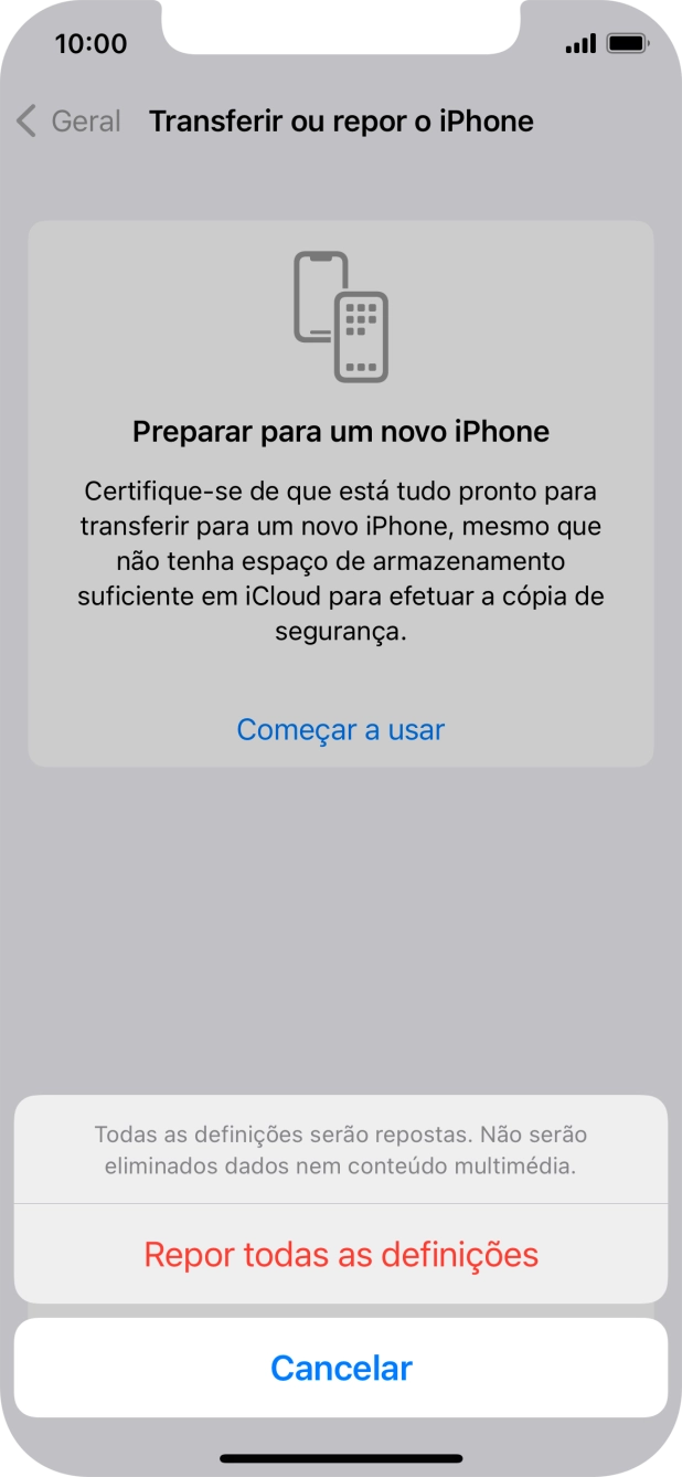 Prima Repor todas as definições. Aguarde um momento enquanto o telefone restabelece as definições originais. Siga as indicações no ecrã para configurar o telefone de modo que este fique pronto a ser utilizado.