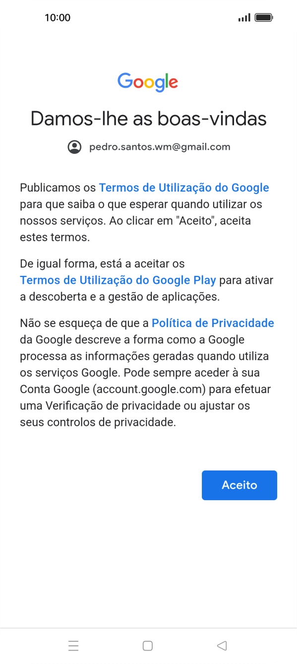 Prima Aceito e siga as indicações no ecrã para escolher as definições da conta Google.