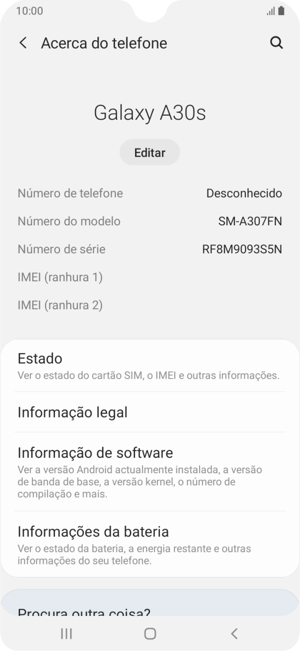 O código IMEI é mostrado no ecrã.