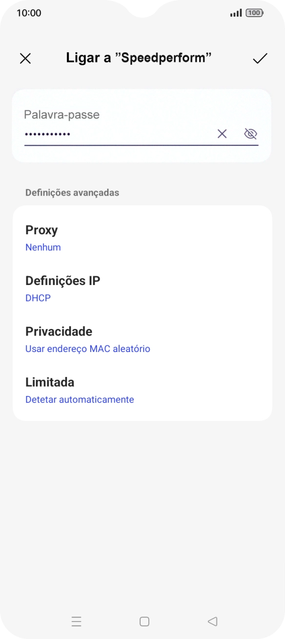 Introduza a password da rede Wi-Fi e prima o ícone para aceitar.