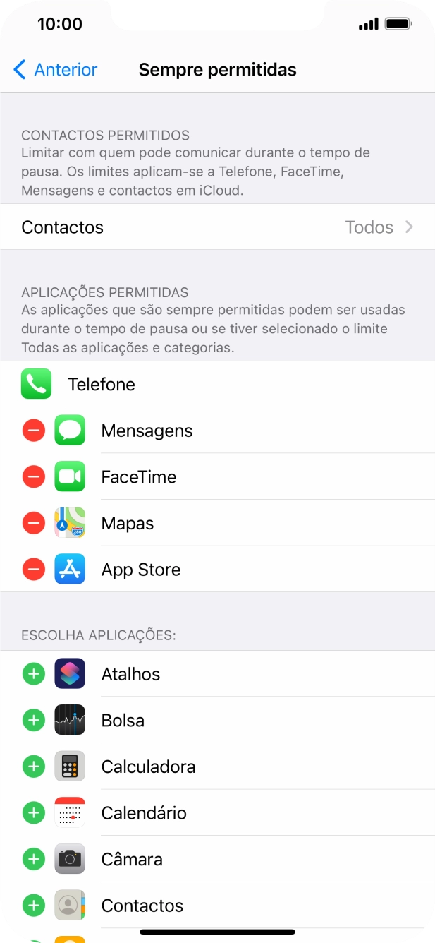 Prima o ícone para remover junto da app pretendida para a remover da lista de apps permitidas durante o Tempo de pausa.