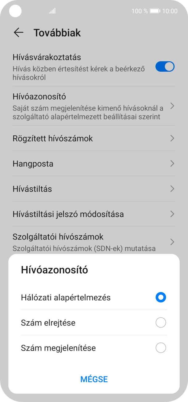 Válaszd a Szám megjelenítése lehetőséget a hívószámküldés bekapcsolásához.
