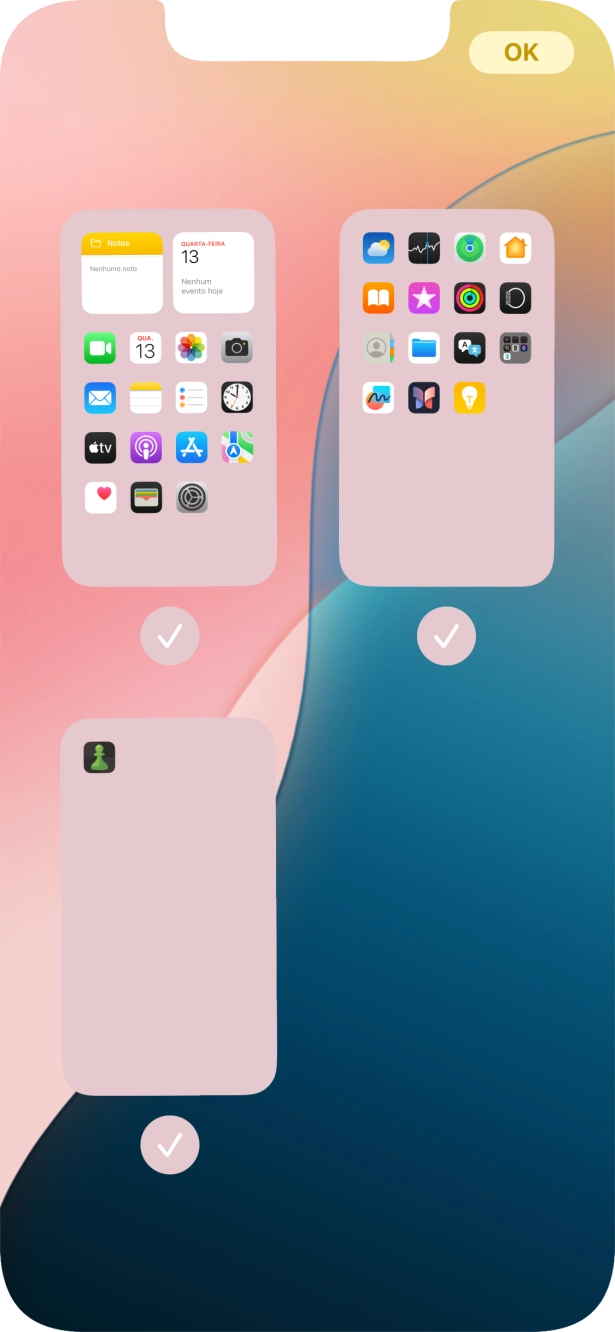 Prima os campos sob as páginas do ecrã inicial pretendidas, para ativar ou desativar a exibição de páginas.