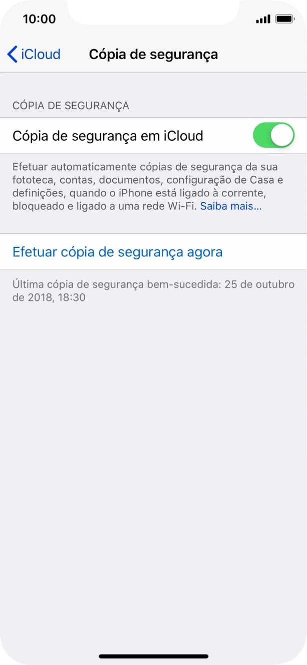 Prima Efetuar cópia de segurança agora e aguarde enquanto é efetuada a cópia de segurança do conteúdo da memória do telefone.