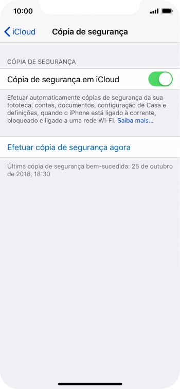 Prima Efetuar cópia de segurança agora e aguarde enquanto é efetuada a cópia de segurança do conteúdo da memória do telefone.