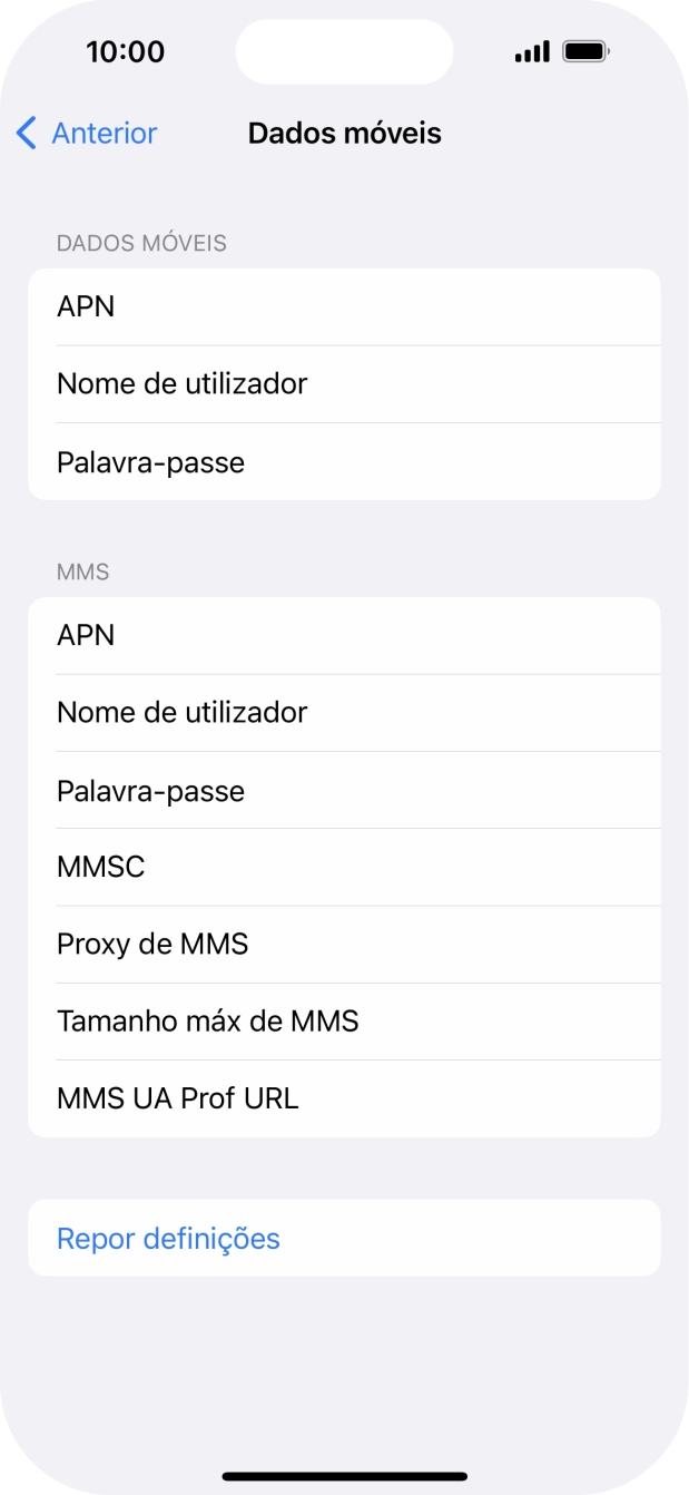 Prima APN e insira net2.vodafone.pt.