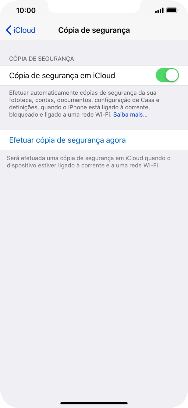 Prima Efetuar cópia de segurança agora e aguarde enquanto é efetuada a cópia de segurança do conteúdo da memória do telefone.