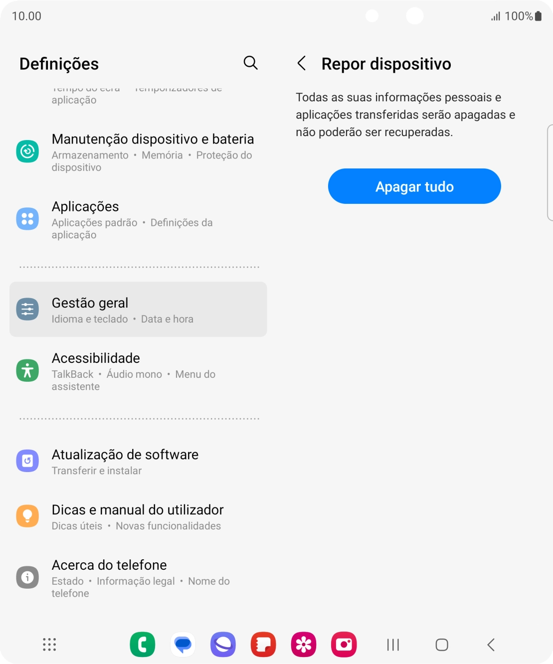 Prima Apagar tudo. Aguarde um momento enquanto o telefone restabelece as definições originais. Siga as indicações no ecrã para configurar o telefone de modo que este fique pronto a ser utilizado.
