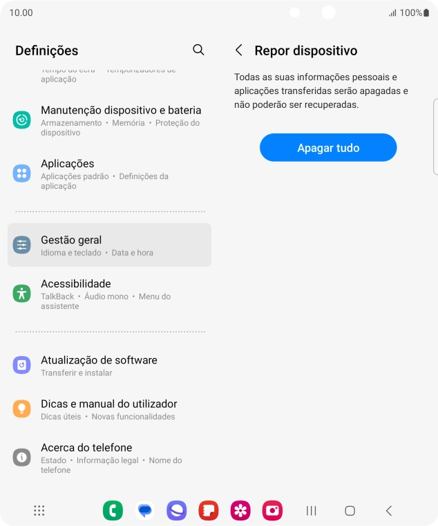 Prima Apagar tudo. Aguarde um momento enquanto o telefone restabelece as definições originais. Siga as indicações no ecrã para configurar o telefone de modo que este fique pronto a ser utilizado.