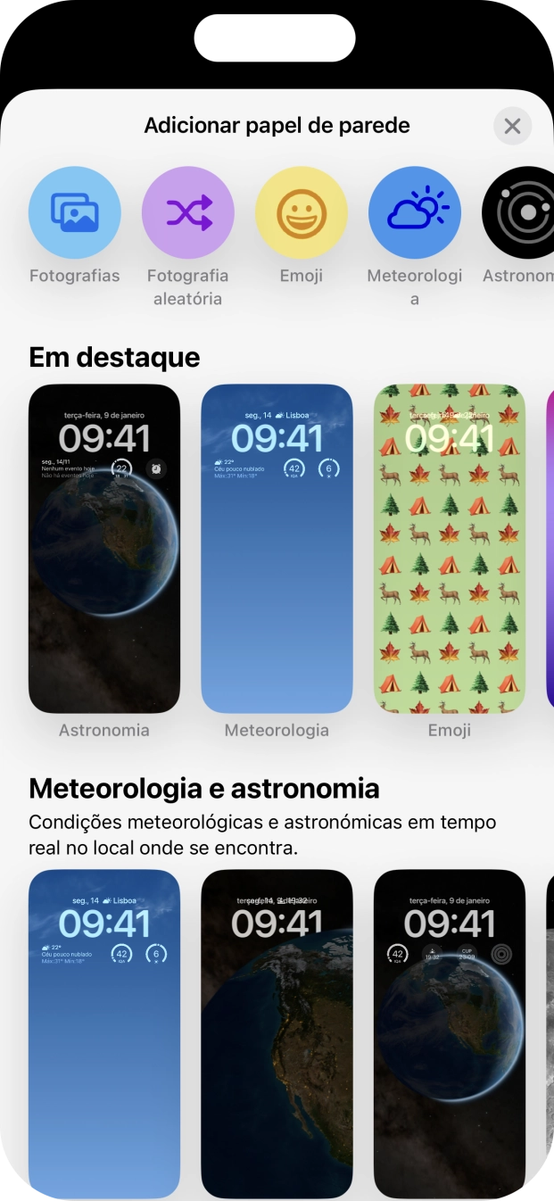Prima a categoria pretendida e siga as indicações no ecrã para escolher a imagem de fundo pretendida.