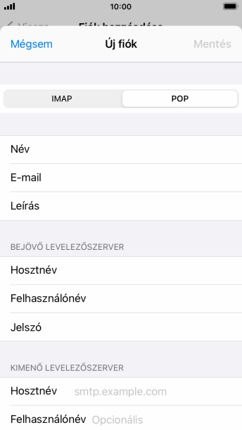 Kattints a Hosztnév mezőre, és írd be az e-mail szolgáltatód kimenő szerverének a nevét.