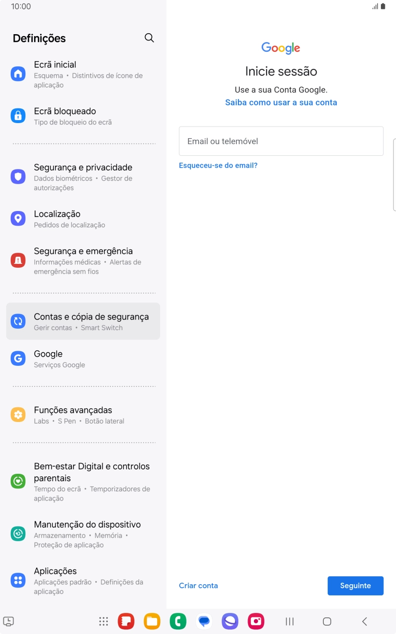 Se não tiver uma conta Google, prima Criar conta e siga as indicações no ecrã para criar uma conta.