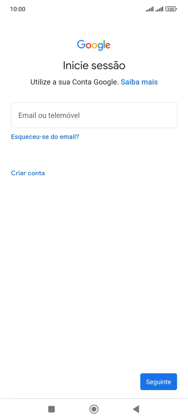 Se não tiver uma conta Google, prima Criar conta e siga as indicações no ecrã para criar uma conta.