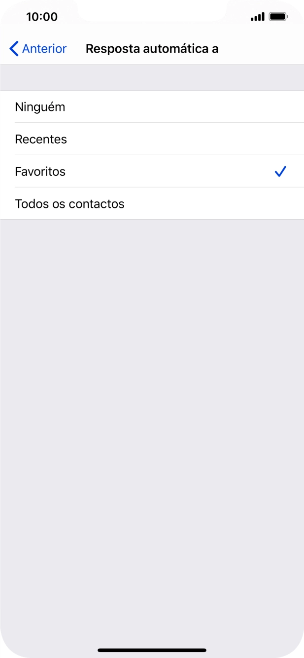 Prima a definição pretendida para escolher quais os contactos que serão automaticamente informados que a função 