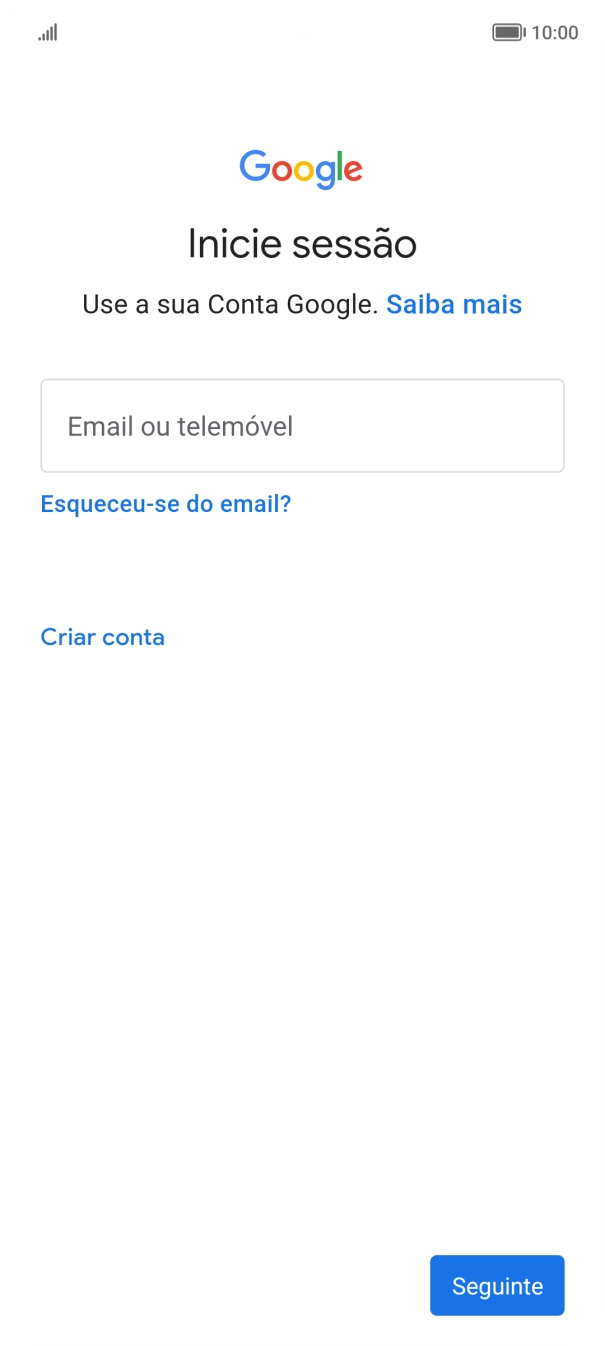 Se não tiver uma conta Google, prima Criar conta e siga as indicações no ecrã para criar uma conta.