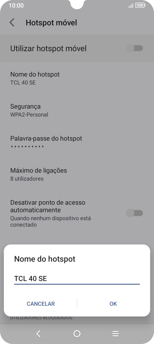 Introduza o nome pretendido do hotspot Wi-Fi e prima OK.