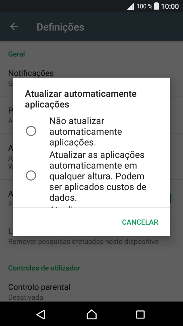 Para desativar a atualização automática de apps, prima Não atualizar automaticamente aplicações..