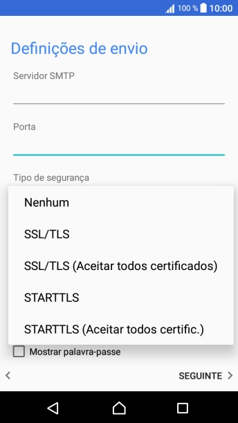 Prima STARTTLS (Aceitar todos certific.) para ativar a função.