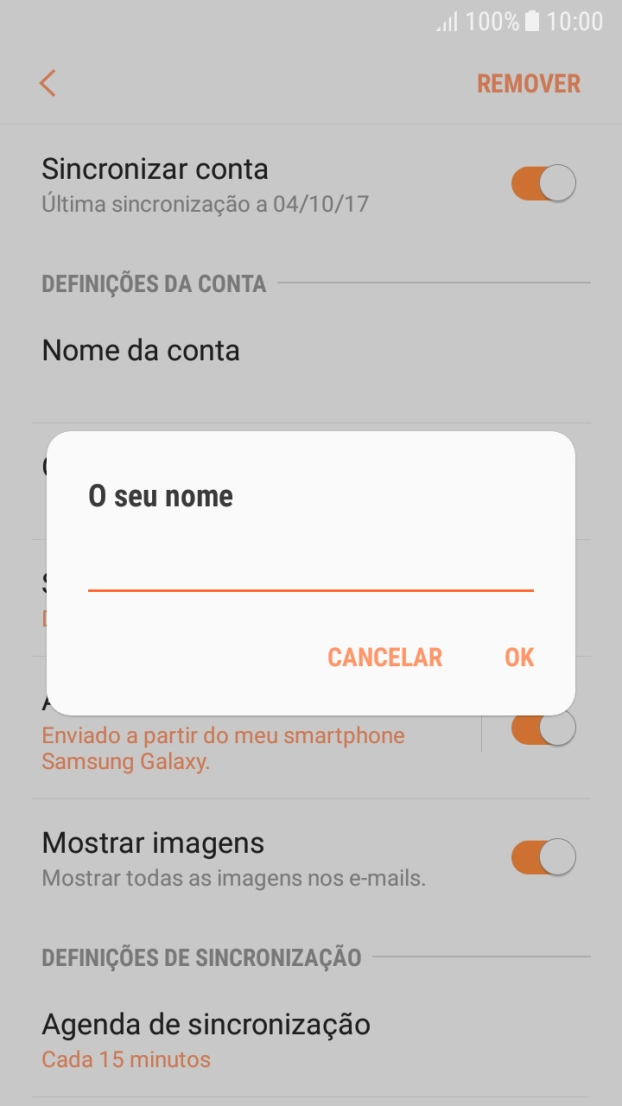Introduza o nome de remetente e prima OK.