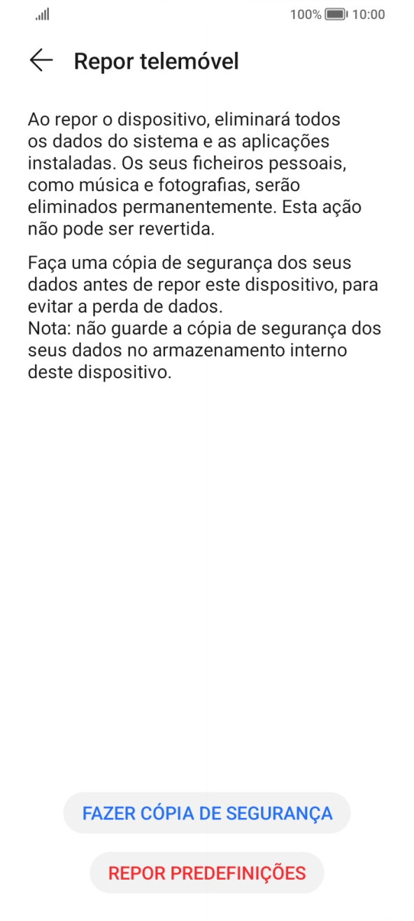 Prima REPOR PREDEFINIÇÕES. Aguarde um momento enquanto o telefone restabelece as definições originais. Siga as indicações no ecrã para configurar o telefone de modo que este fique pronto a ser utilizado.
