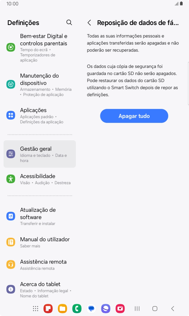 Prima Apagar tudo. Aguarde um momento enquanto o tablet restabelece as definições originais. Siga as indicações no ecrã para configurar o tablet de modo que este fique pronto a ser utilizado.