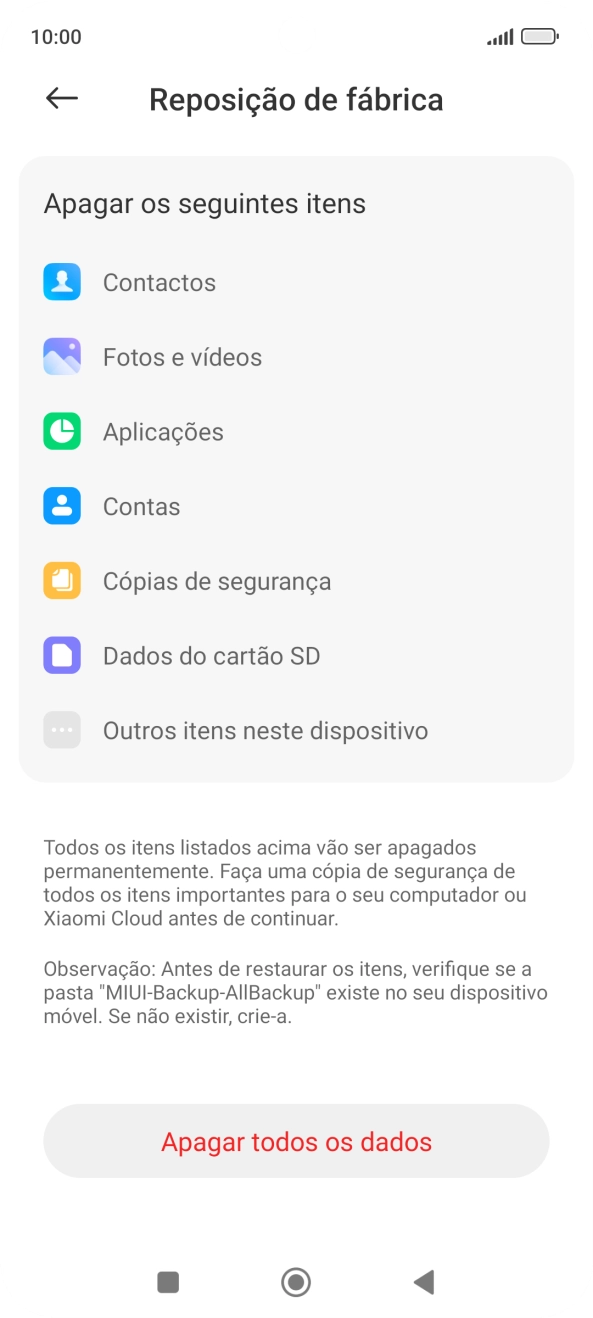 Prima Apagar todos os dados.