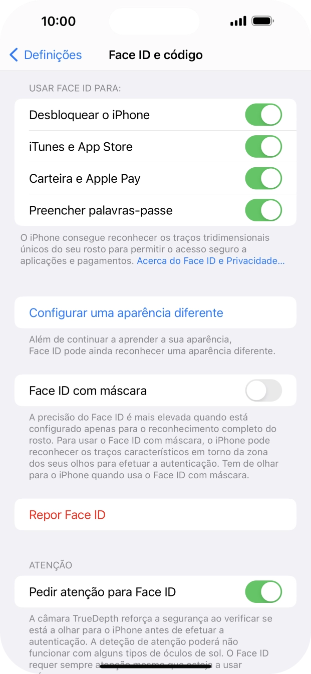 Prima os indicadores junto às definições pretendidas para as ativar ou desativar.