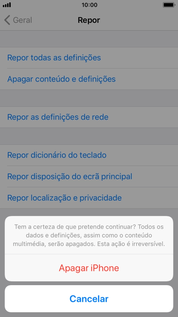 Prima Apagar iPhone. Aguarde um momento enquanto o telefone restabelece as definições originais. Siga as indicações no ecrã para configurar o telefone de modo que este fique pronto a ser utilizado.