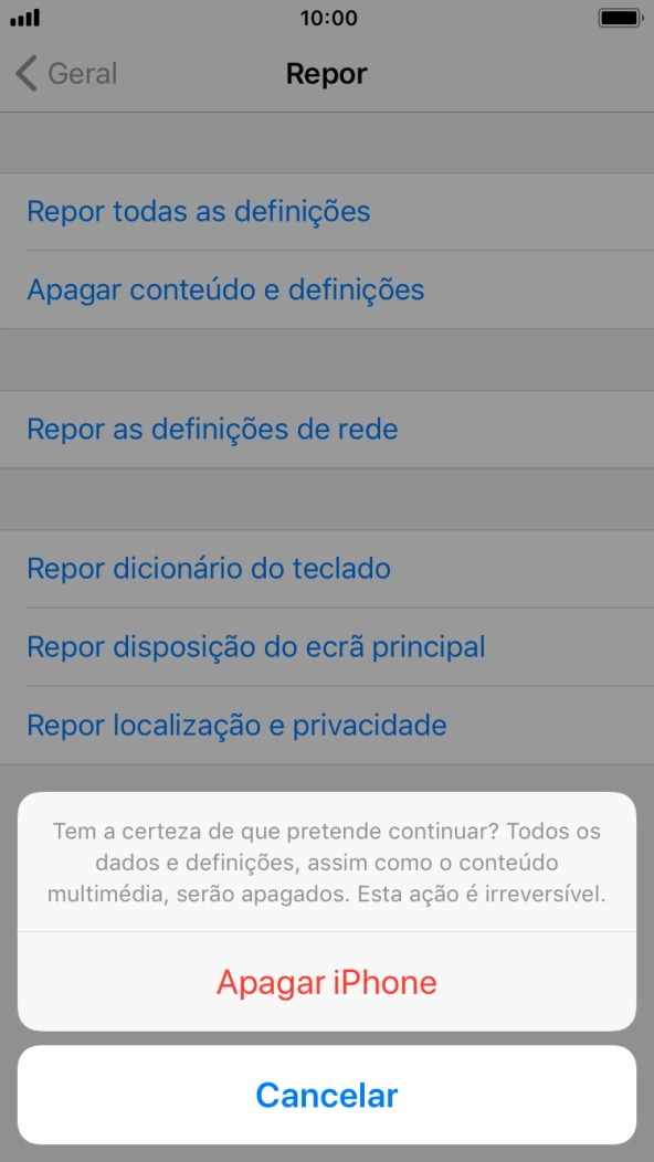 Prima Apagar iPhone. Aguarde um momento enquanto o telefone restabelece as definições originais. Siga as indicações no ecrã para configurar o telefone de modo que este fique pronto a ser utilizado.