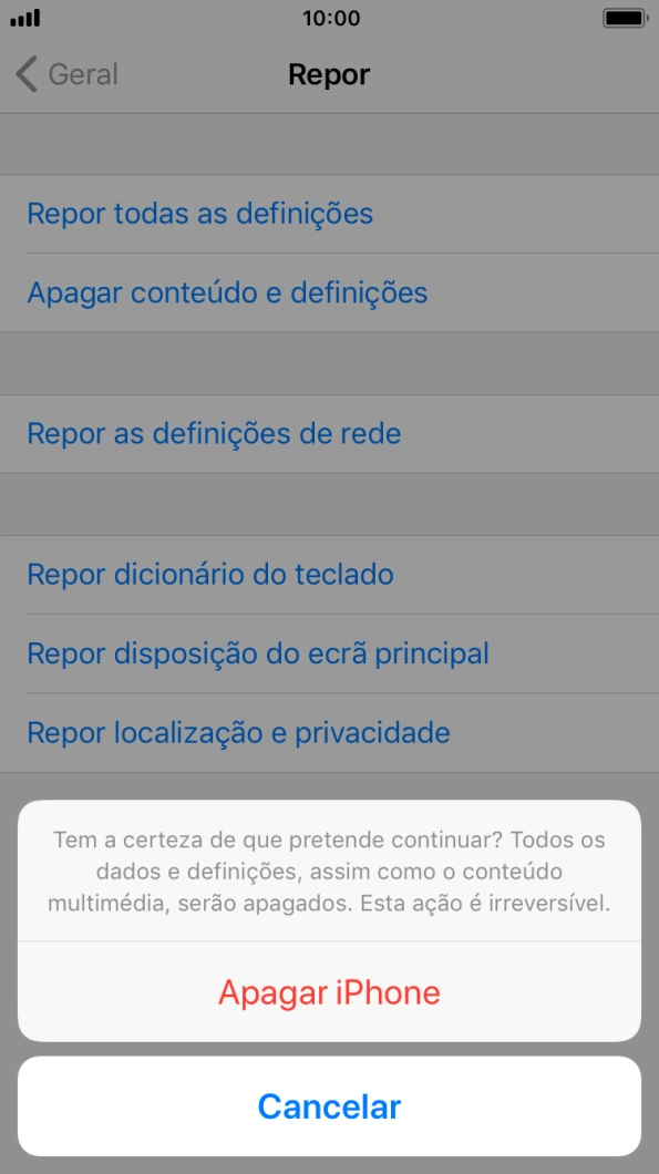Prima Apagar iPhone. Aguarde um momento enquanto o telefone restabelece as definições originais. Siga as indicações no ecrã para configurar o telefone de modo que este fique pronto a ser utilizado.