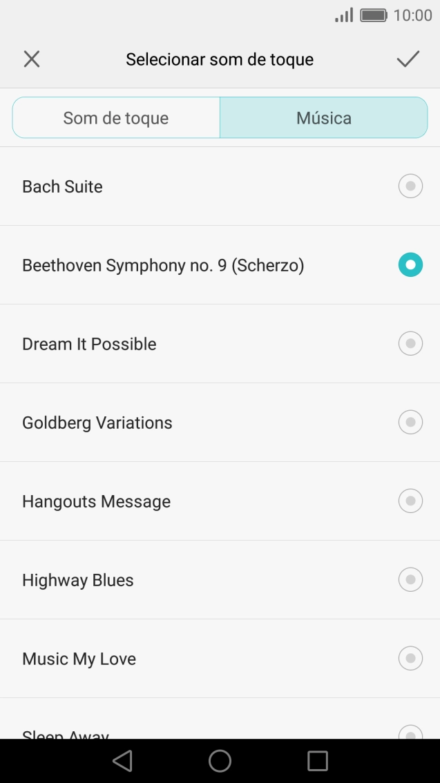 Quando tiver encontrado o tom de toque que pretende, prima o ícone para aceitar.