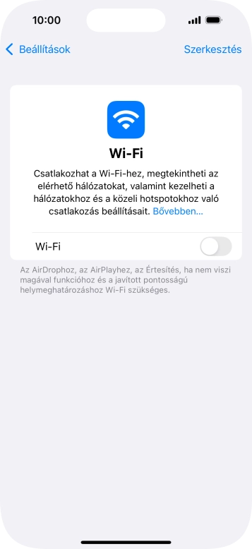 Kattints a „Wi-Fi” melletti csúszkára a funkció bekapcsolásához.